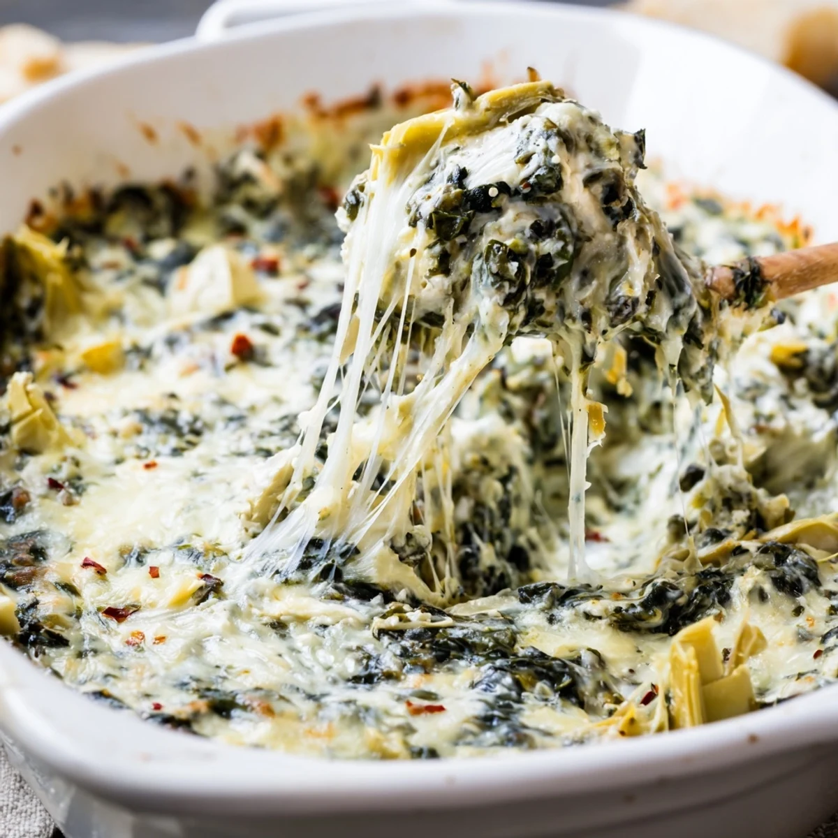 Golden, bubbly Spinach Artichoke Dip Ultimate Recipe in a baking dish, served with tortilla chips for dipping.