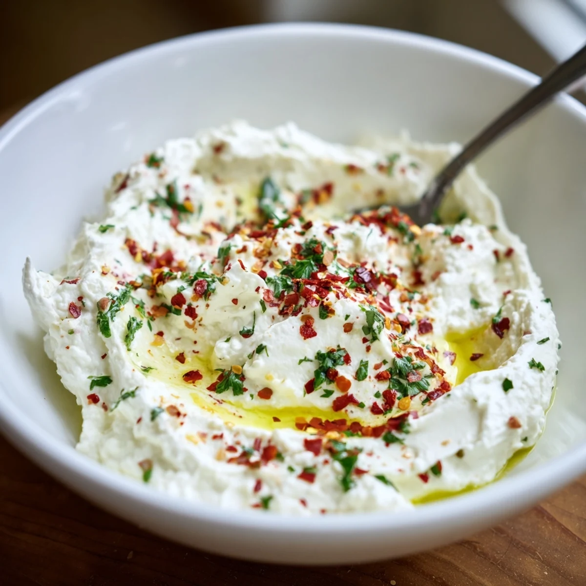 A close-up of creamy Tyrokafteri dip in a rustic bowl, garnished with olive oil and fresh parsley.