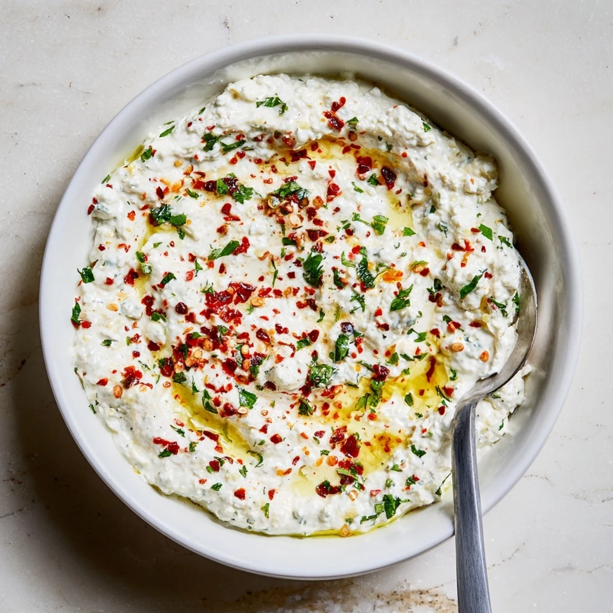 A vibrant white bowl of Tyrokafteri Greek dip surrounded by warm pita bread and crisp vegetables.