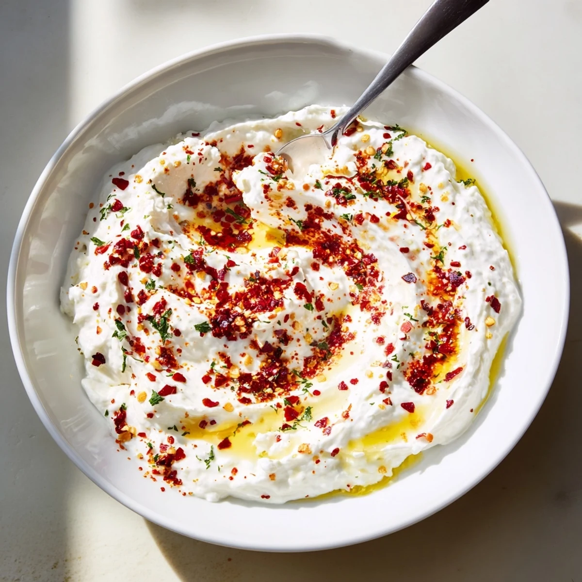 Homemade Tyrokafteri spread served in a dish with a drizzle of olive oil, ready for dipping.