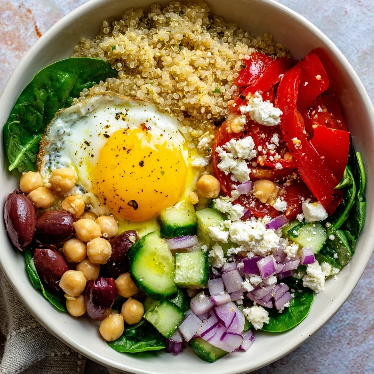 Fresh Mediterranean Breakfast Bowls topped with a sunny runny egg, feta, and vibrant cherry tomatoes served in a ceramic bowl.