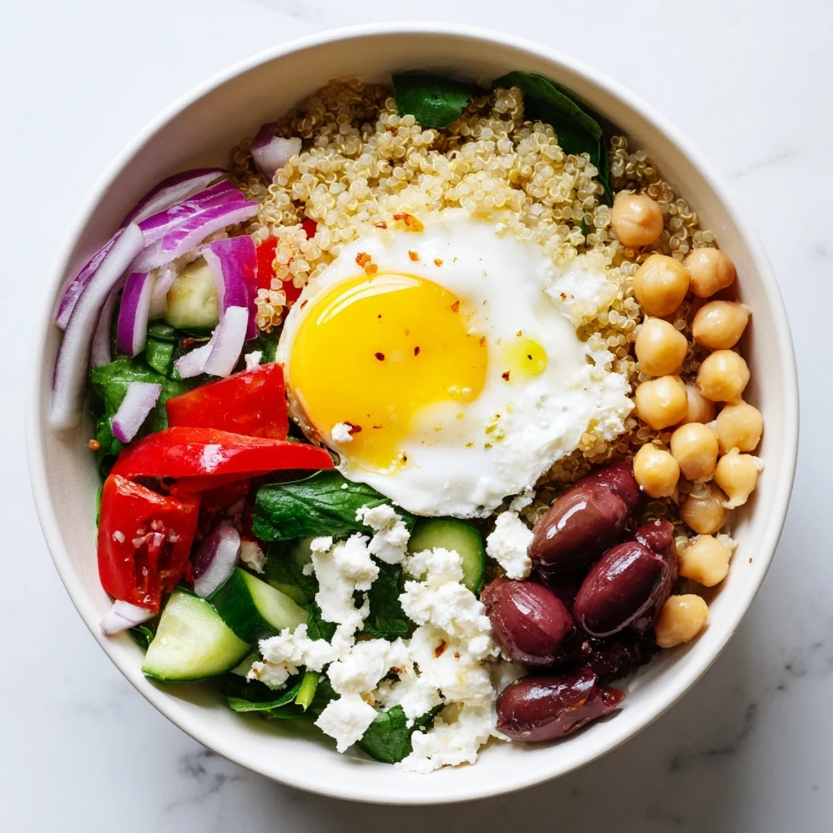 Colorful Mediterranean Breakfast Bowls brimming with spinach, bell pepper, and red onion, drizzled with lemony olive oil dressing for a healthy start.