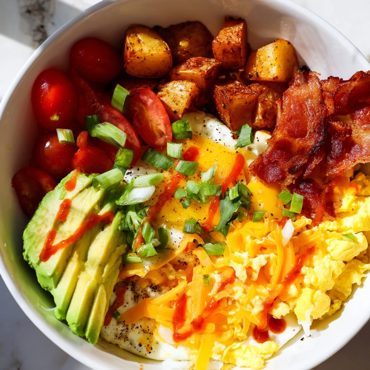 A hearty Loaded Breakfast Bowl with fluffy eggs, smoky bacon, crispy potatoes, and melty cheddar topped with fresh avocado.