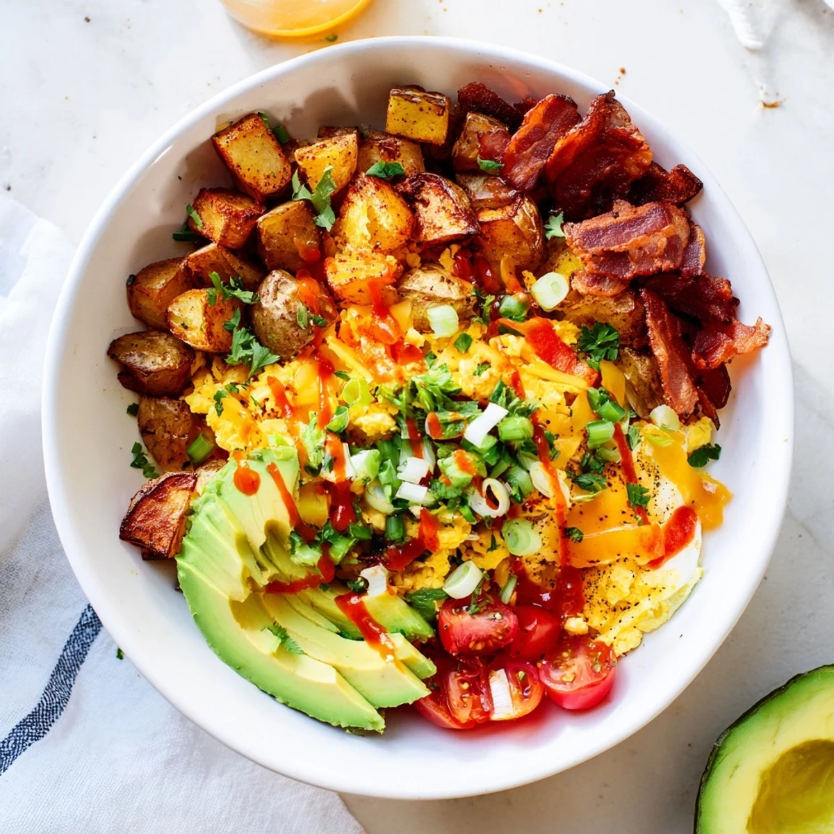 Golden roasted potatoes, scrambled eggs, crispy bacon, melted cheddar, diced avocado, and fresh tomatoes in a Loaded Breakfast Bowl.