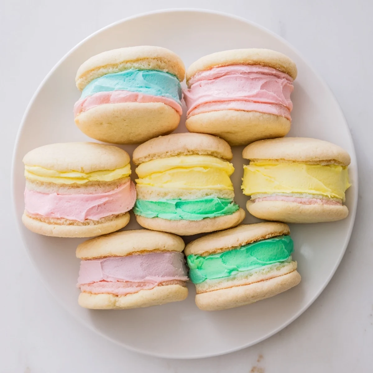 Delicate pastel sugar cookie sandwiches with vibrant buttercream filling, arranged on a pastel cloth.  