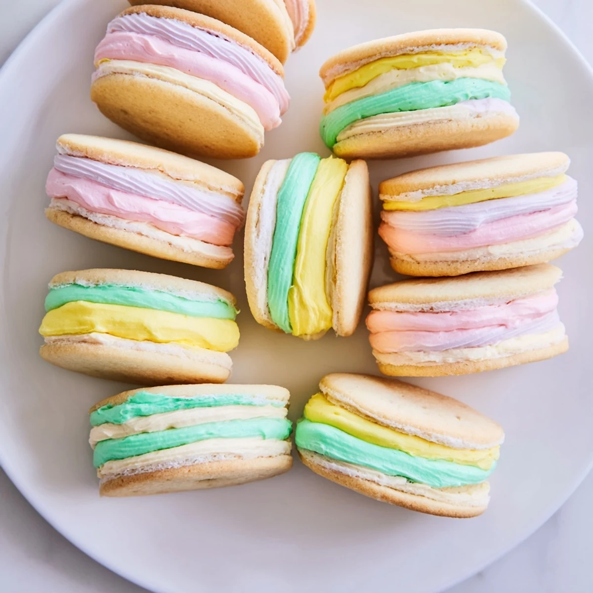 A close-up of pastel sugar cookie sandwiches, showing the colorful, creamy buttercream filling inside.