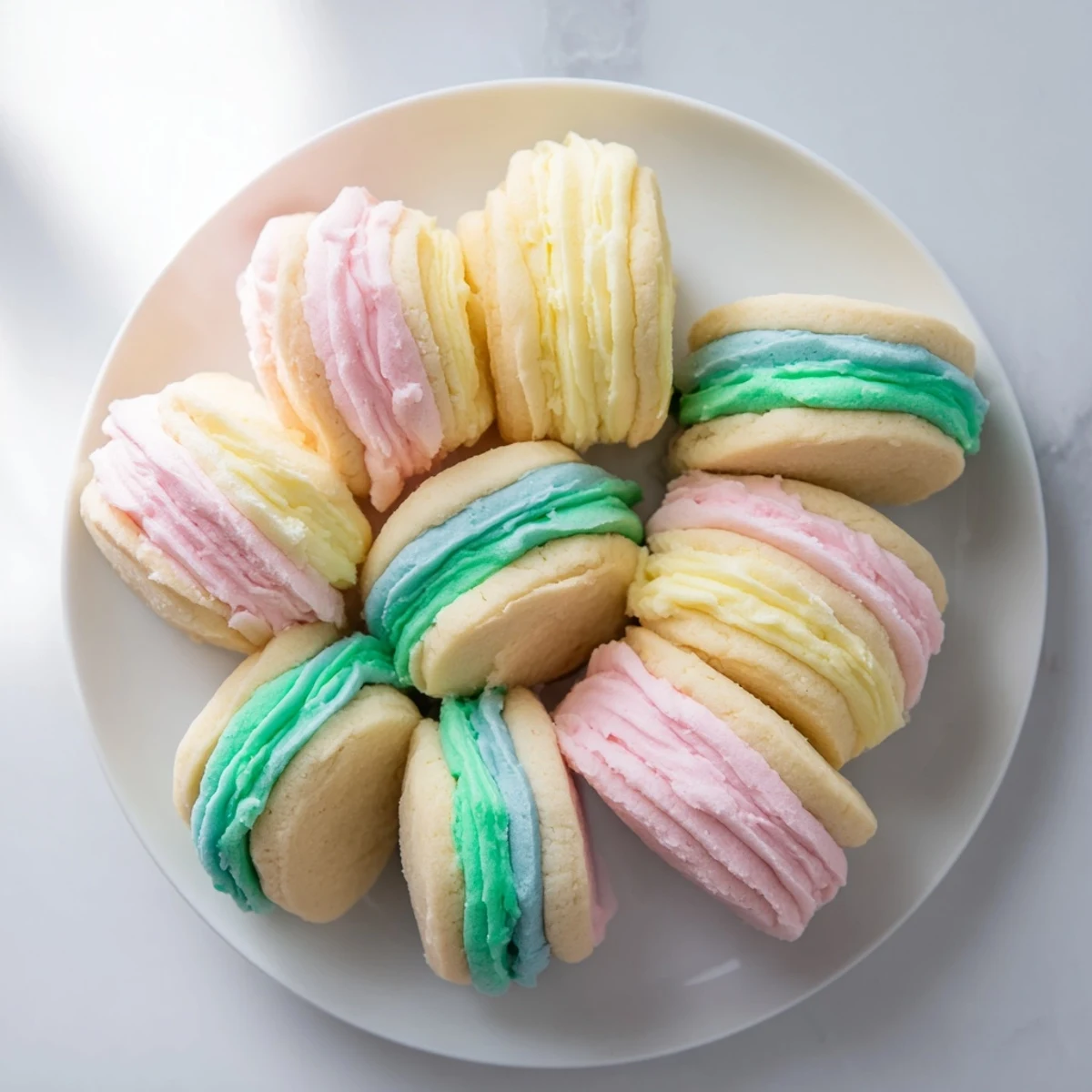 Pastel sugar cookie sandwiches stacked on a marble slab, ready for a spring gathering.  