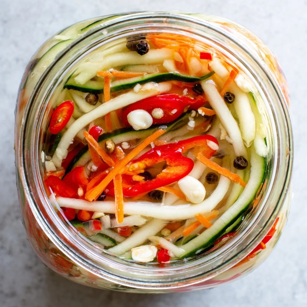 Brightly colored Vietnamese Vegetable Pickle Medley with crunchy carrots, daikon, and bell peppers glistening in rice vinegar brine, served as a refreshing side.
