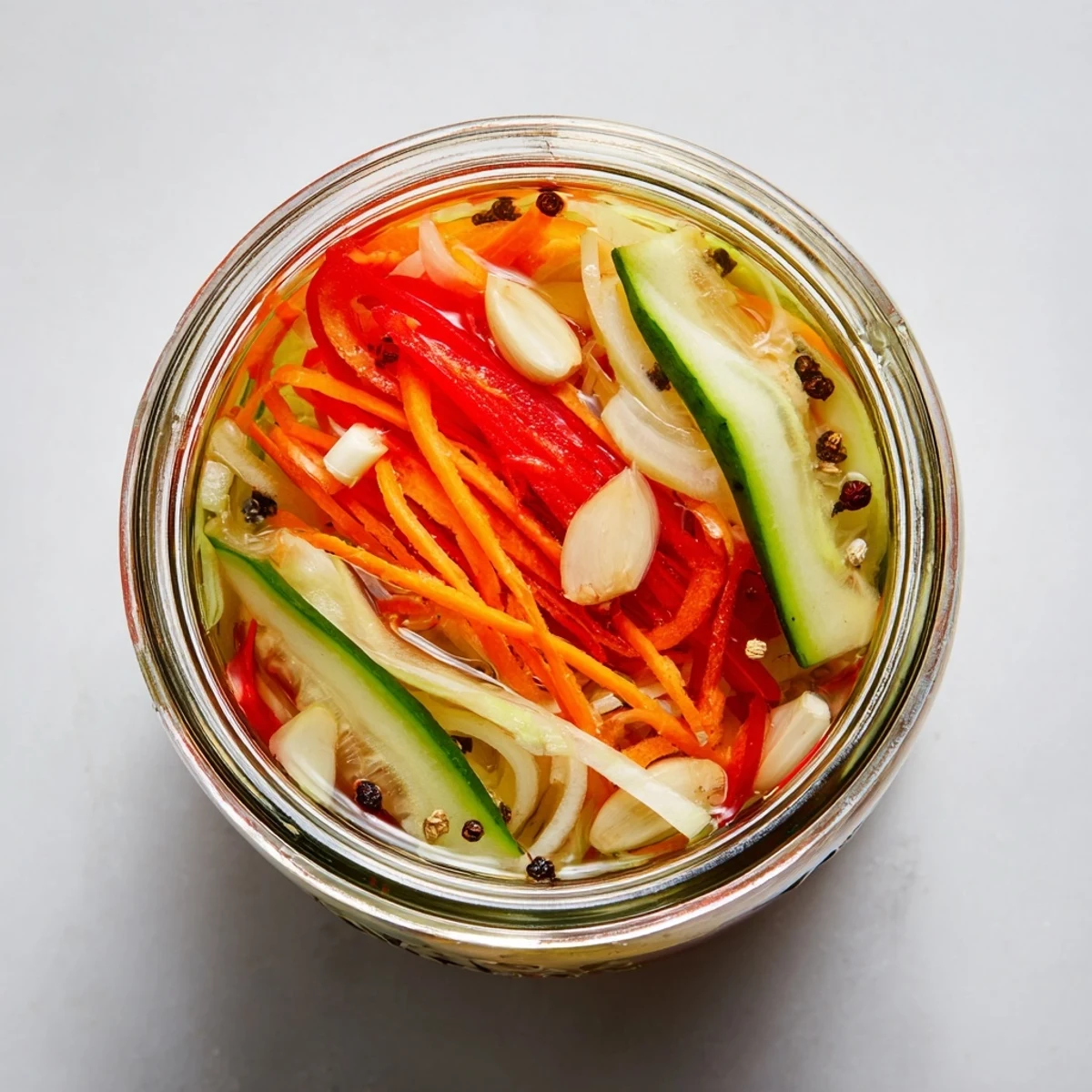 A jar of vibrant Vietnamese Vegetable Pickle Medley showcases julienned daikon, carrots, and cucumber in a sweet, tangy brine, perfect for banh mi.
