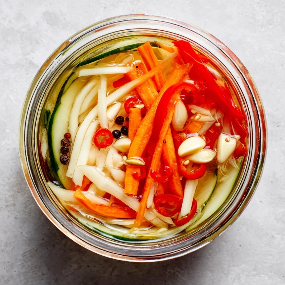 Close-up of homemade Vietnamese Vegetable Pickle Medley featuring crisp vegetables, optional chilies, and garlic slices, ideal for topping rice bowls or grilled meats.