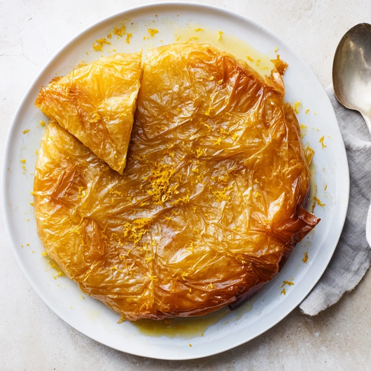 A close-up of Portokalopita dessert with golden crispy phyllo layers soaked in syrup and fresh orange zest, served on a white plate.