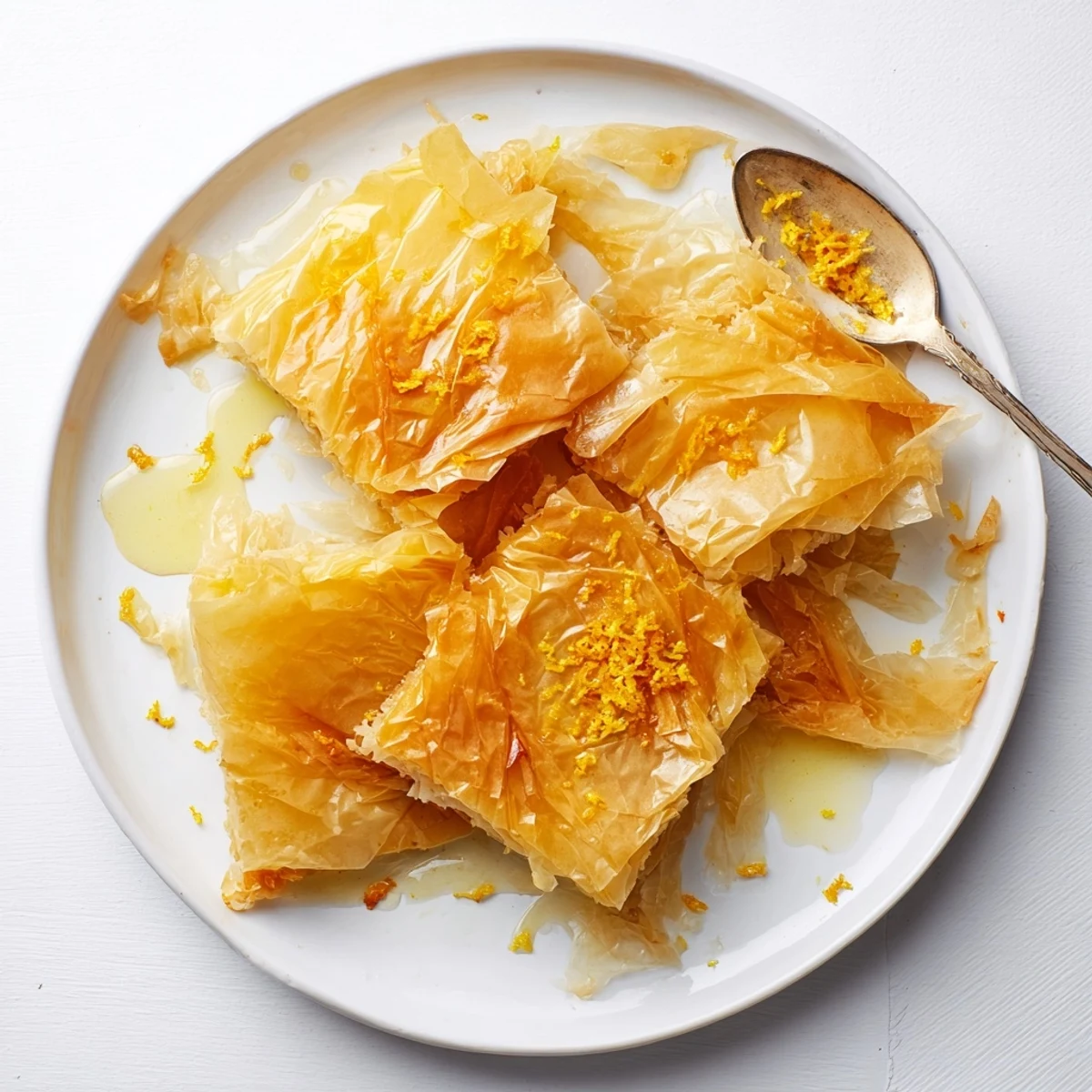Portokalopita Greek yogurt cake in a baking dish, showing moist texture and glistening orange syrup ready to be sliced into eight servings.