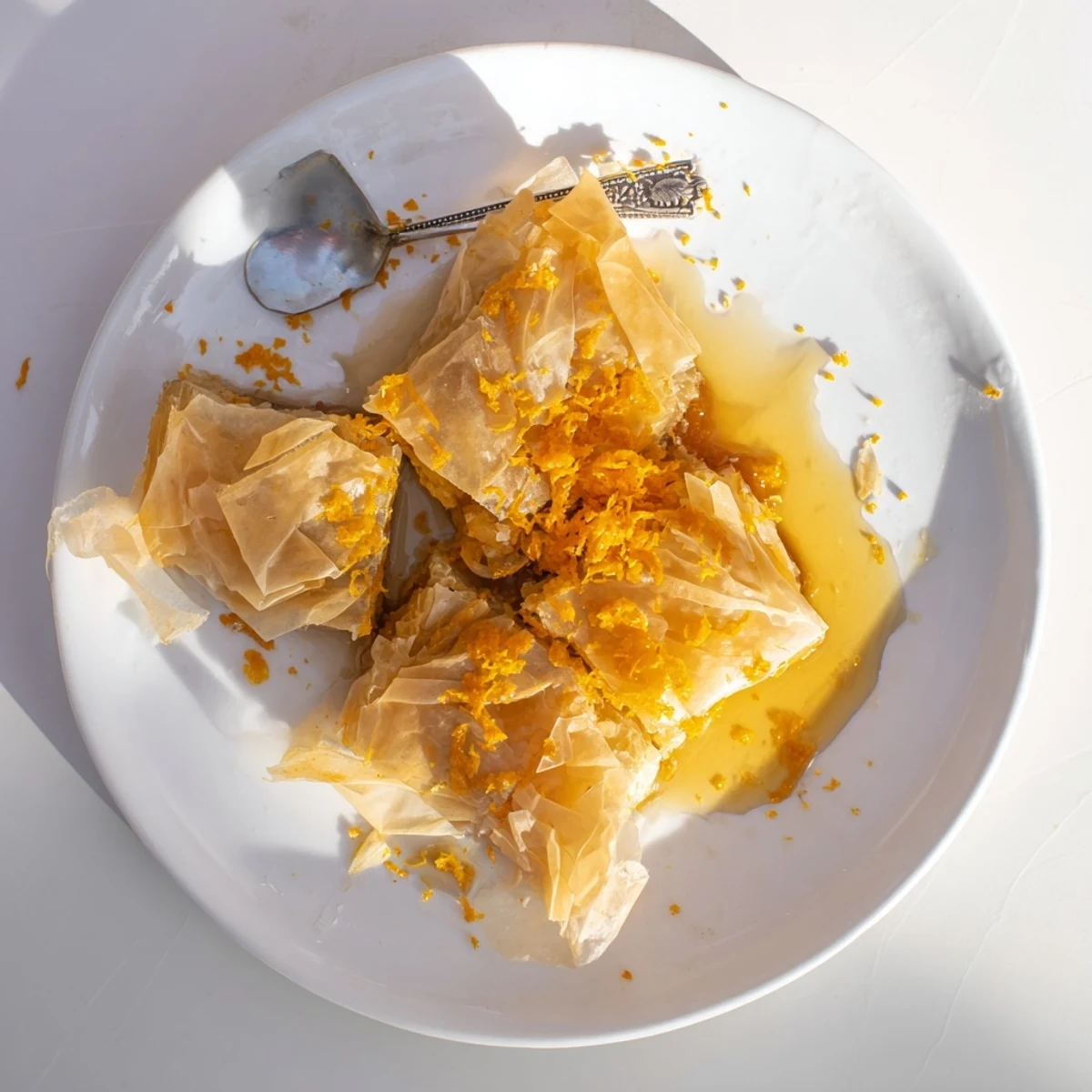 Baked Portokalopita with crumpled phyllo and orange zest, dusted with powdered sugar and paired with whipped cream on a rustic wooden table.