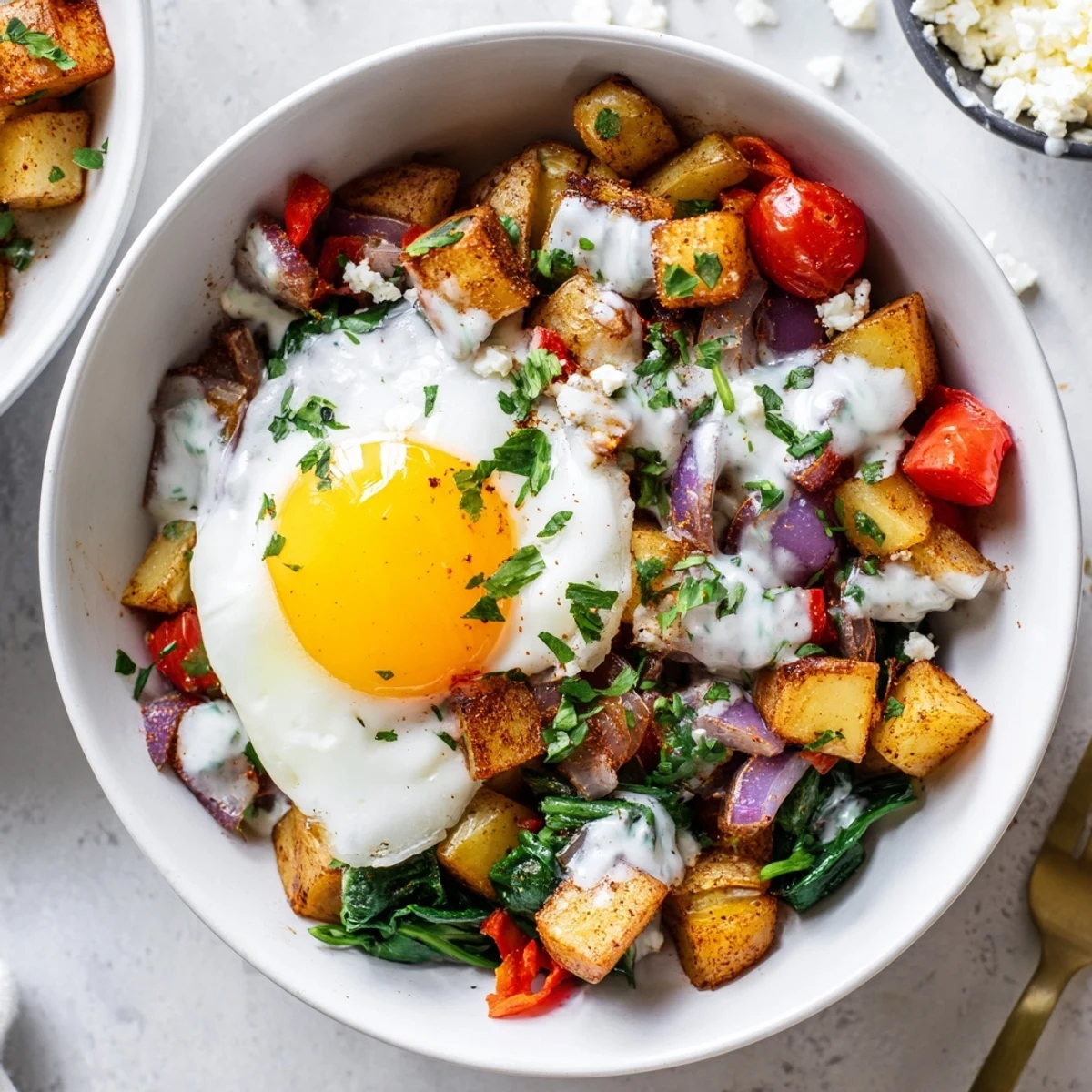 A colorful Savory Breakfast Bowl featuring sautéed vegetables, feta crumbles, and a golden sunny-side-up egg.
