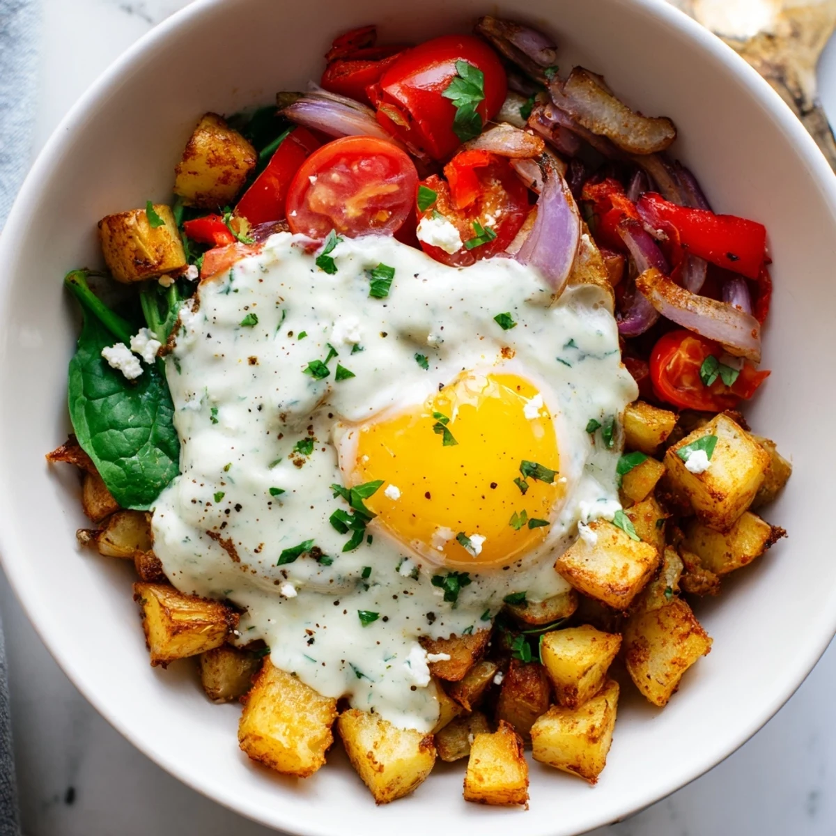 Warm Savory Breakfast Bowl with roasted potatoes, fresh cherry tomatoes, and a creamy chive yogurt drizzle.
