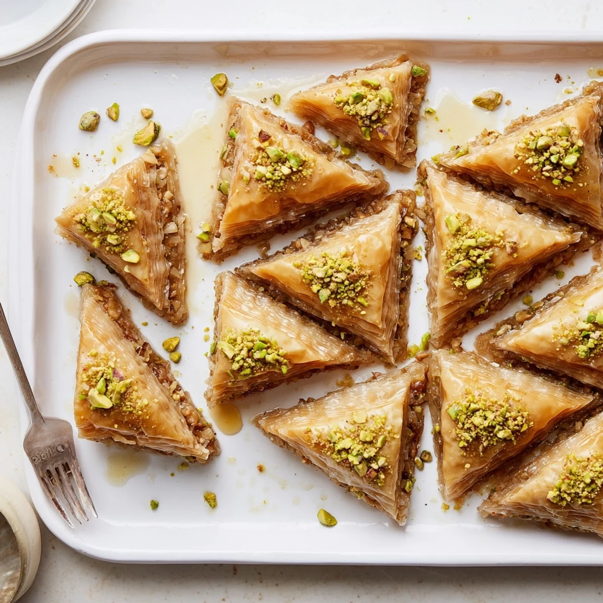 Golden Greek Baklava squares glisten with honey syrup, layered with crisp phyllo and nut filling on a plate.