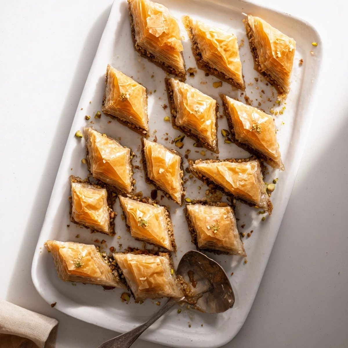 Close-up of Greek Baklava reveals buttery phyllo layers and chopped nuts soaked in aromatic honey.