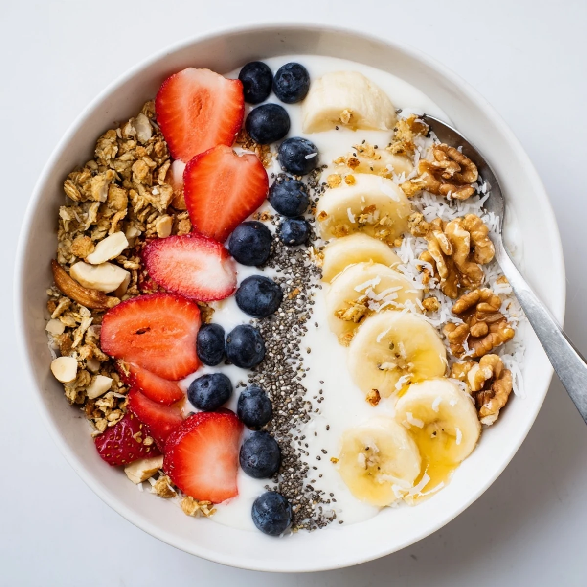 Creamy Greek yogurt and fresh banana slices in a healthy breakfast bowl topped with crunchy granola.