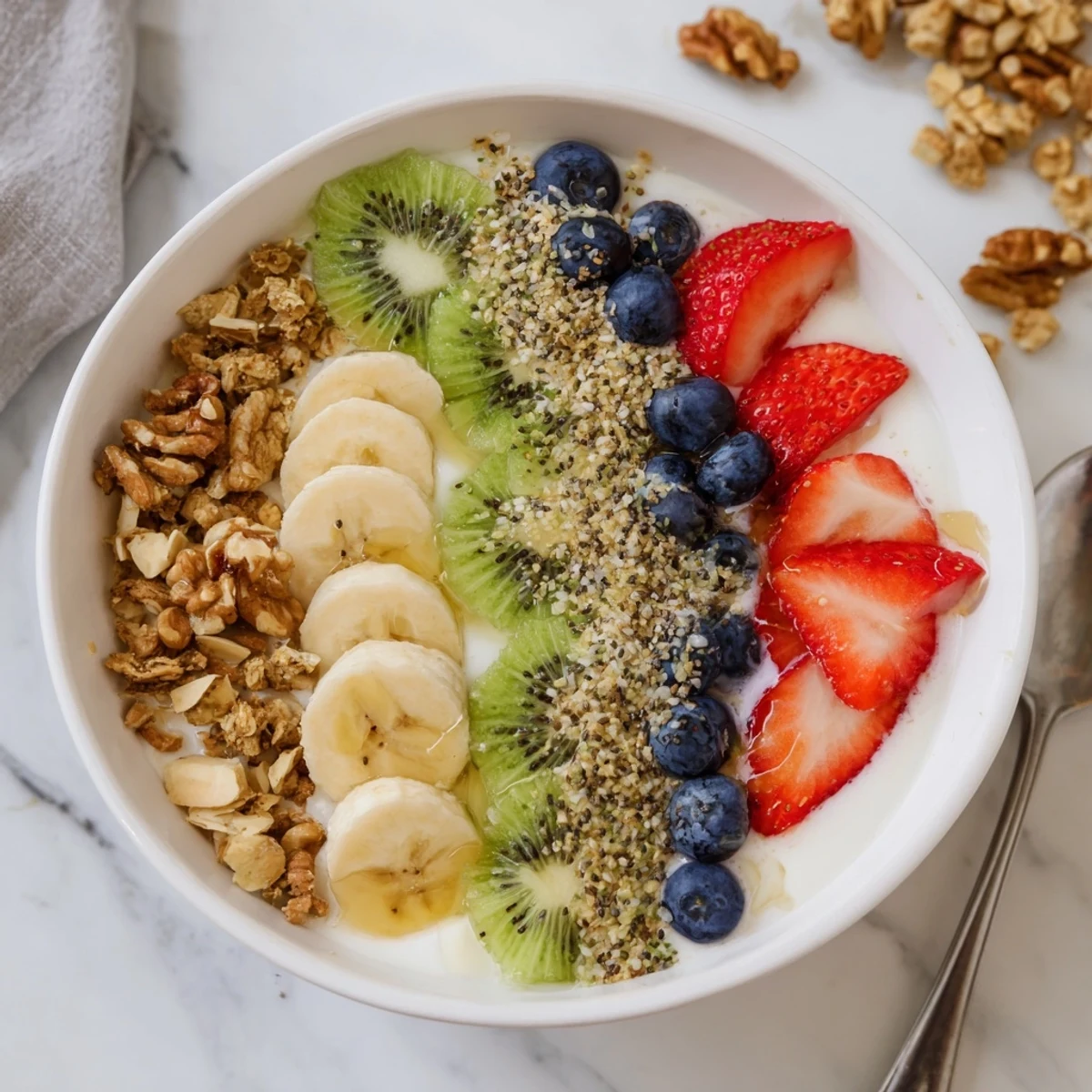 Vibrant strawberries, blueberries, and kiwi create a colorful, nourishing healthy breakfast bowl ready to enjoy.