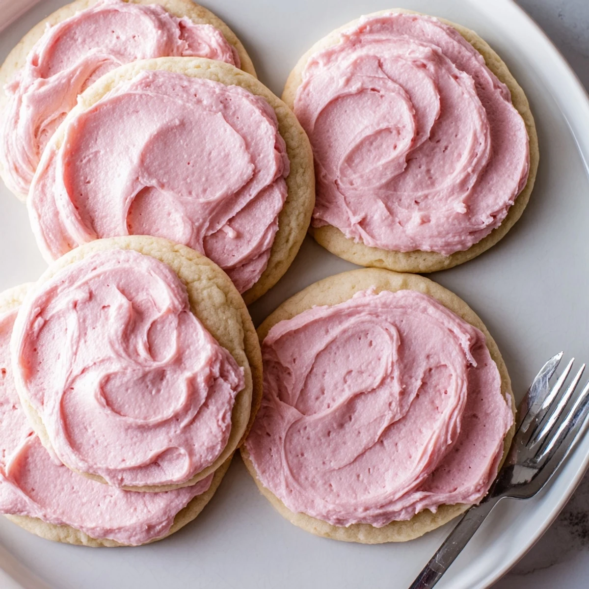 Soft Crumbl Sugar Cookies are perfectly frosted with pink almond icing, ideal for serving at birthday parties or festive gatherings.