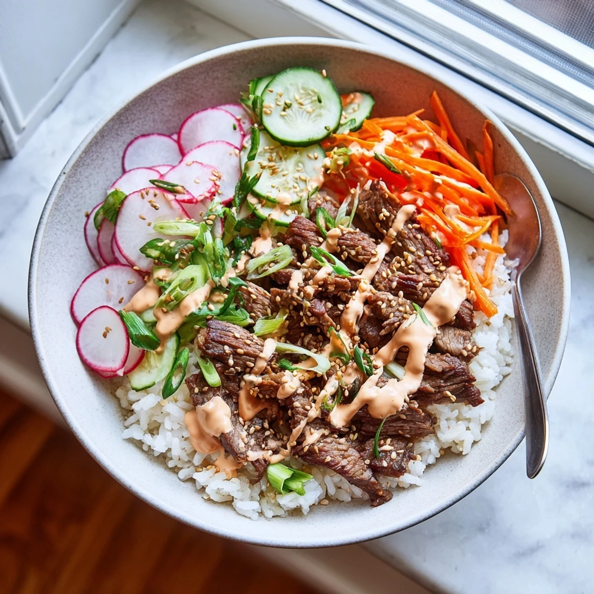 Sizzling, caramelized flank steak slices over fluffy rice with crisp veggies and drizzled spicy cream sauce.