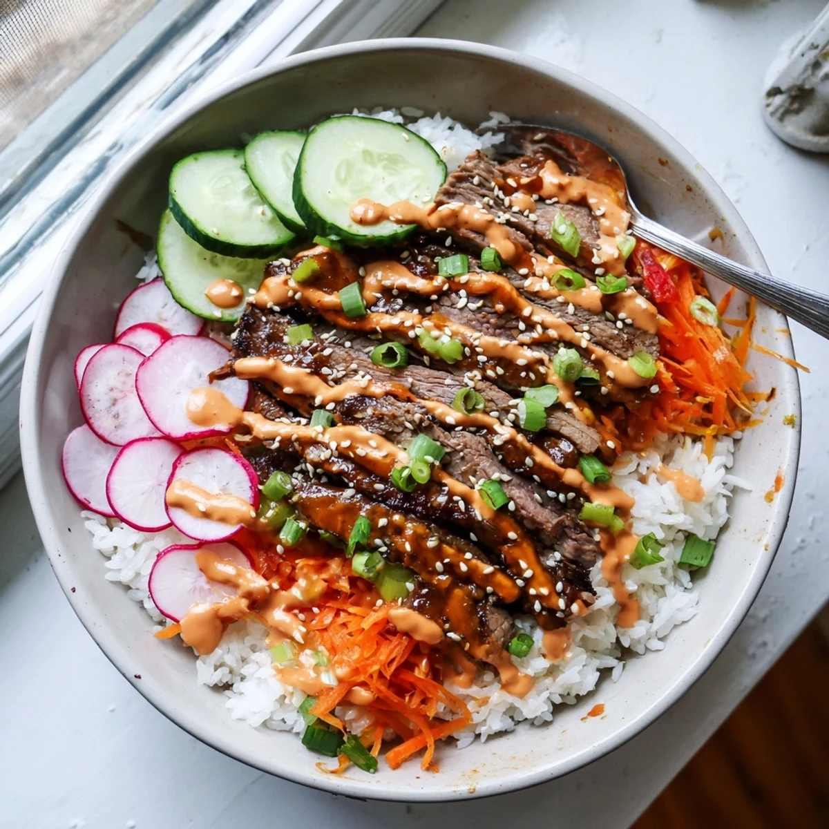 Piled-high rice bowl with juicy steak, crunchy vegetables, and creamy gochujang sauce for an easy weeknight meal.