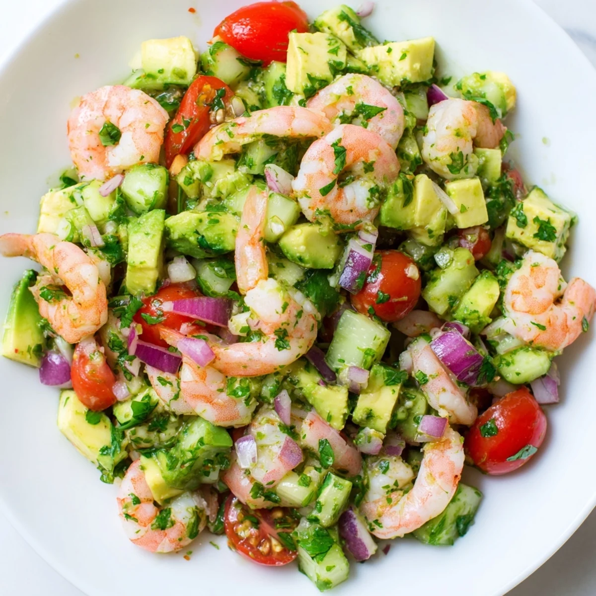 A close-up of the Healthy Shrimp Avocado Salad with plump pink shrimp and creamy avocado on a white plate.  