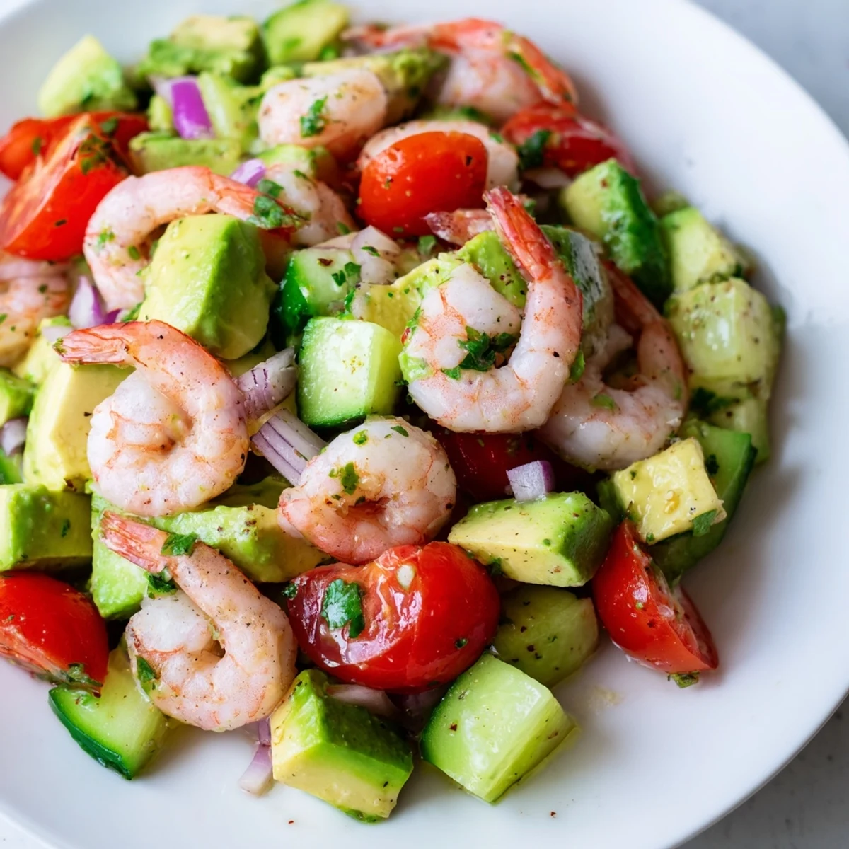 The Healthy Shrimp Avocado Salad features diced cucumbers, cherry tomatoes, and a zesty lime dressing.  
