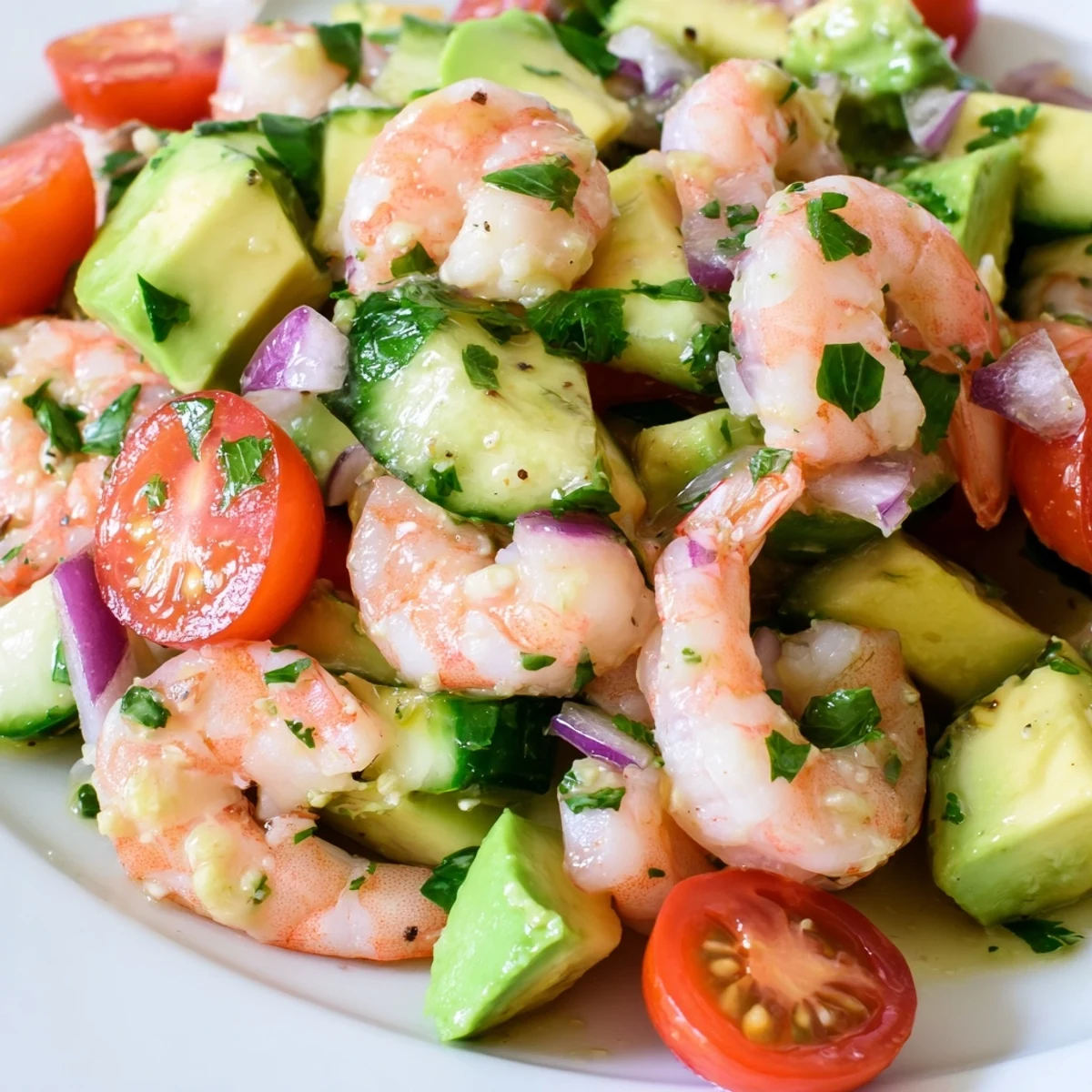 A vibrant bowl of Healthy Shrimp Avocado Salad with fresh cilantro and red onion, ready to serve.