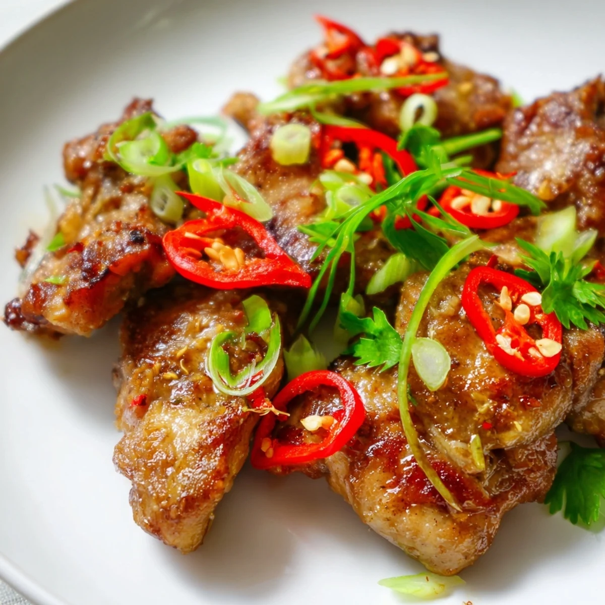 Golden-brown Vietnamese Lemongrass Chicken pieces sizzling in a pan, garnished with fresh cilantro and scallions over steamed jasmine rice.