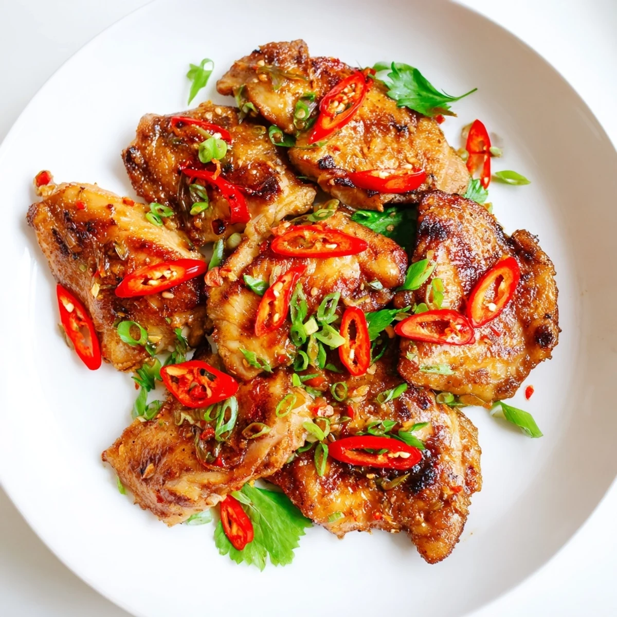 Succulent Vietnamese Lemongrass Chicken thighs marinated with garlic and lemongrass, served over vermicelli noodles with a slice of red chili.