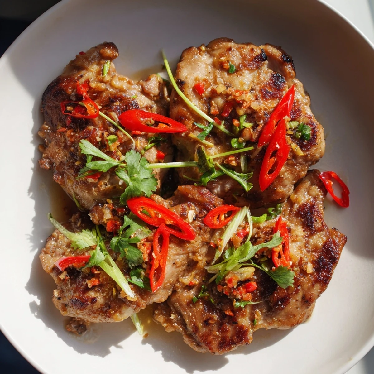 Close-up of aromatic Vietnamese Lemongrass Chicken, glistening with juices and fresh herbs, ready to be enjoyed with chopsticks on the side.