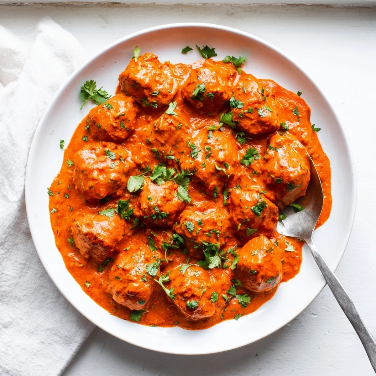 Golden pieces of Butter Chicken in a spiced tomato sauce, ready to serve hot with a side of warm naan bread for dipping.