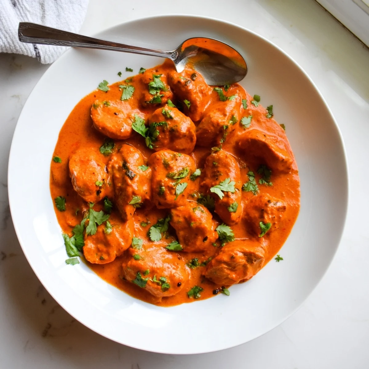Vibrant Butter Chicken dish featuring tender chicken in a creamy sauce, garnished with cilantro and paired with steamed basmati rice.