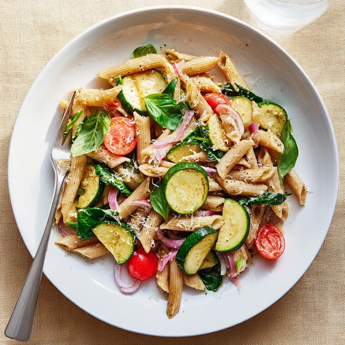 A close-up view shows al dente spaghetti tossed with sautéed vegetables and herbs for a light, satisfying vegetarian meal.
