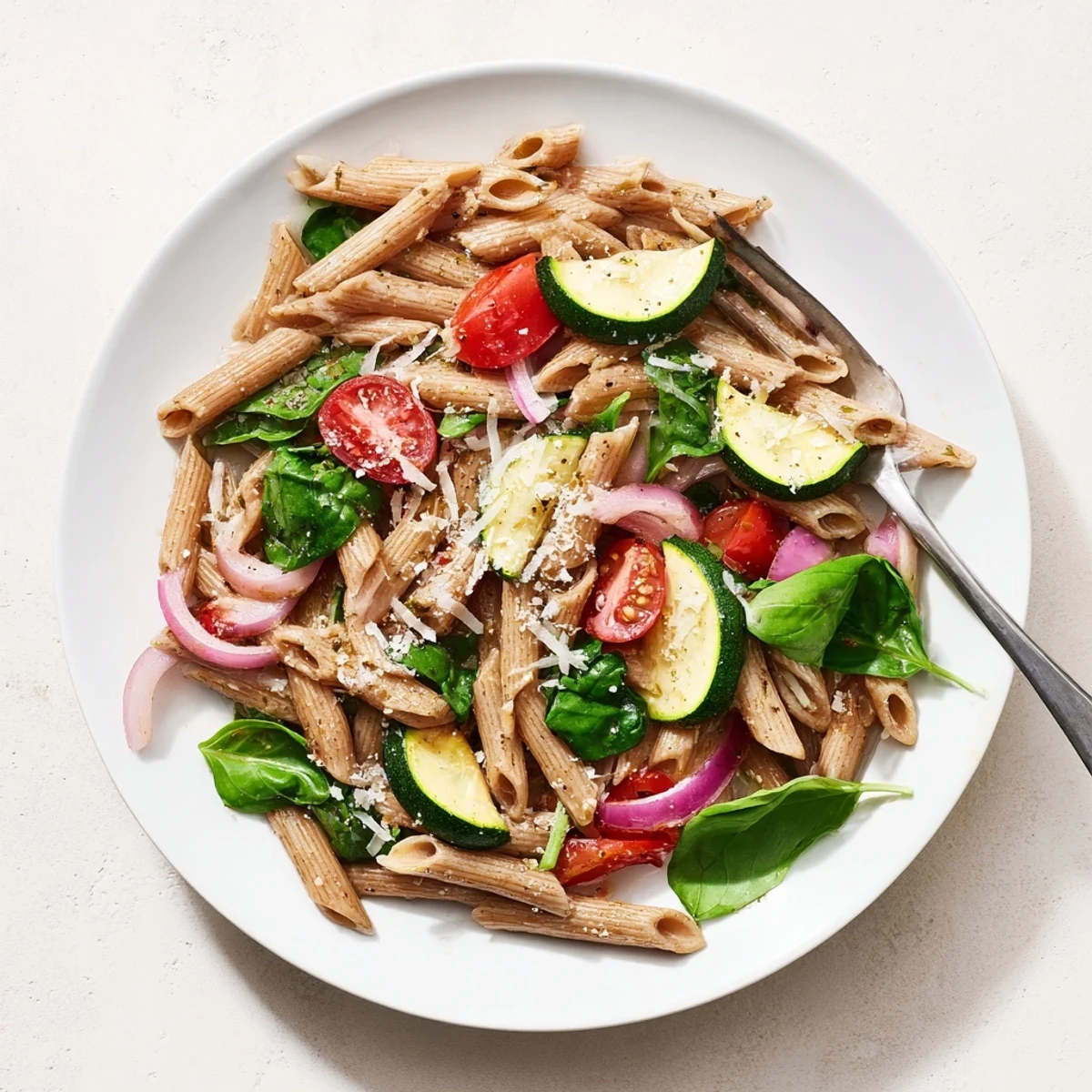 Fresh cherry tomatoes and tender zucchini pieces coat whole wheat pasta in a vibrant, healthy tomato zucchini pasta dish, garnished with fresh basil.