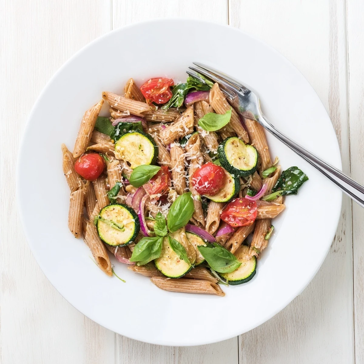 Steam rises from a colorful bowl of healthy tomato zucchini pasta, served with a side salad and a drizzle of olive oil.