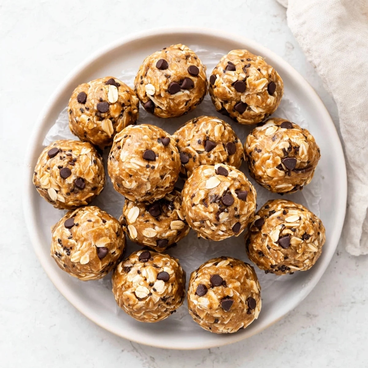 Chilled, chewy No Bake Peanut Butter Energy Bites with oats and chocolate chips displayed on a rustic tray.