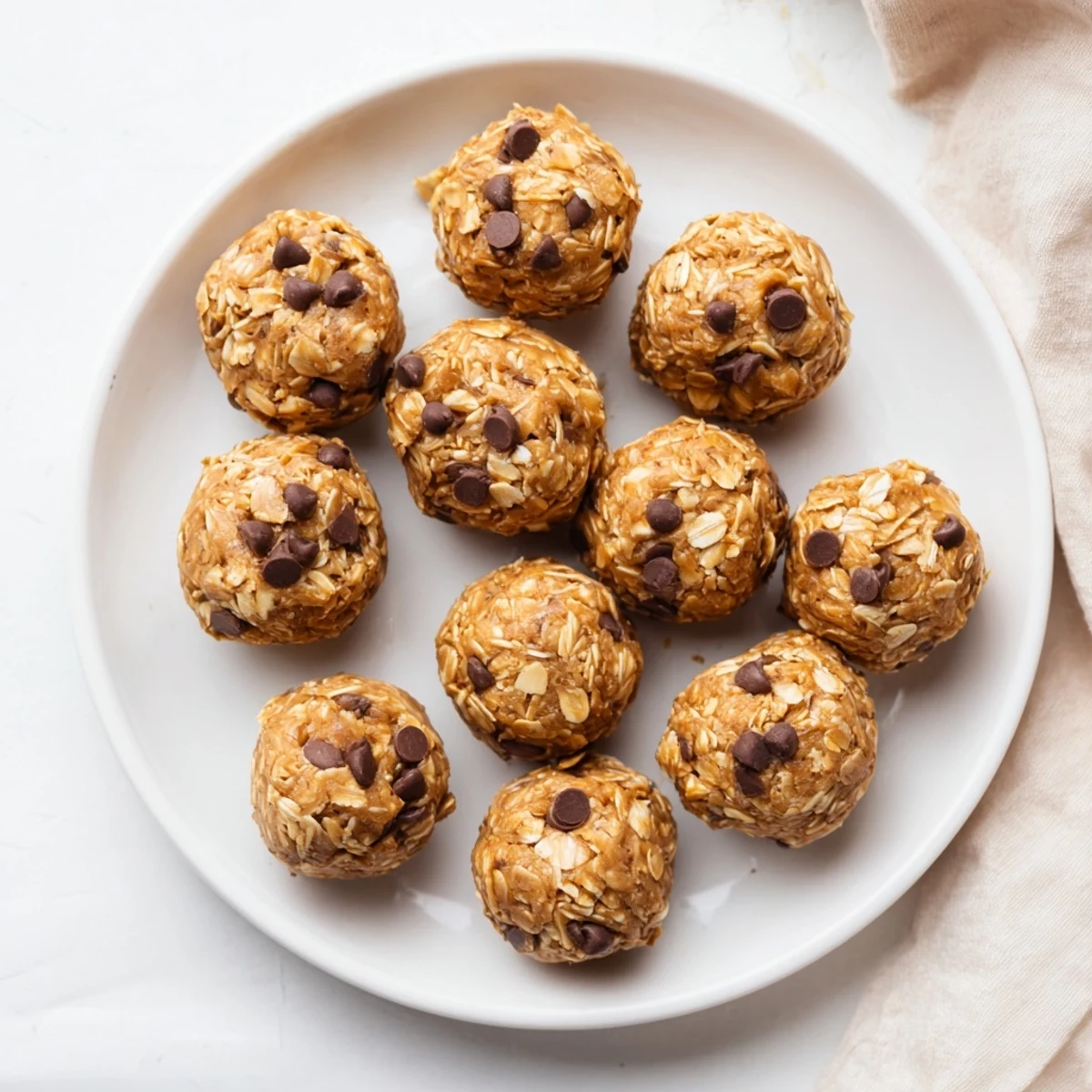 Easy homemade No Bake Peanut Butter Energy Bites rolled in flaxseed on a marble countertop ready to serve.