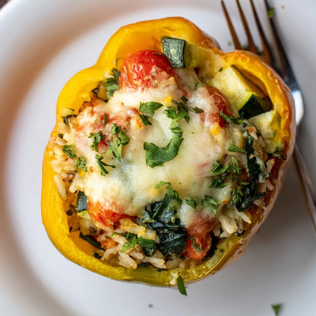 Hearty Vegetarian Stuffed Bell Peppers are served hot on a plate, garnished with fresh parsley and a side salad.