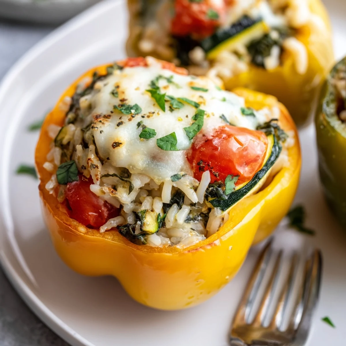 Golden-baked Vegetarian Stuffed Bell Peppers rest in a dish, filled with rice, zucchini, tomatoes, and melted mozzarella cheese.