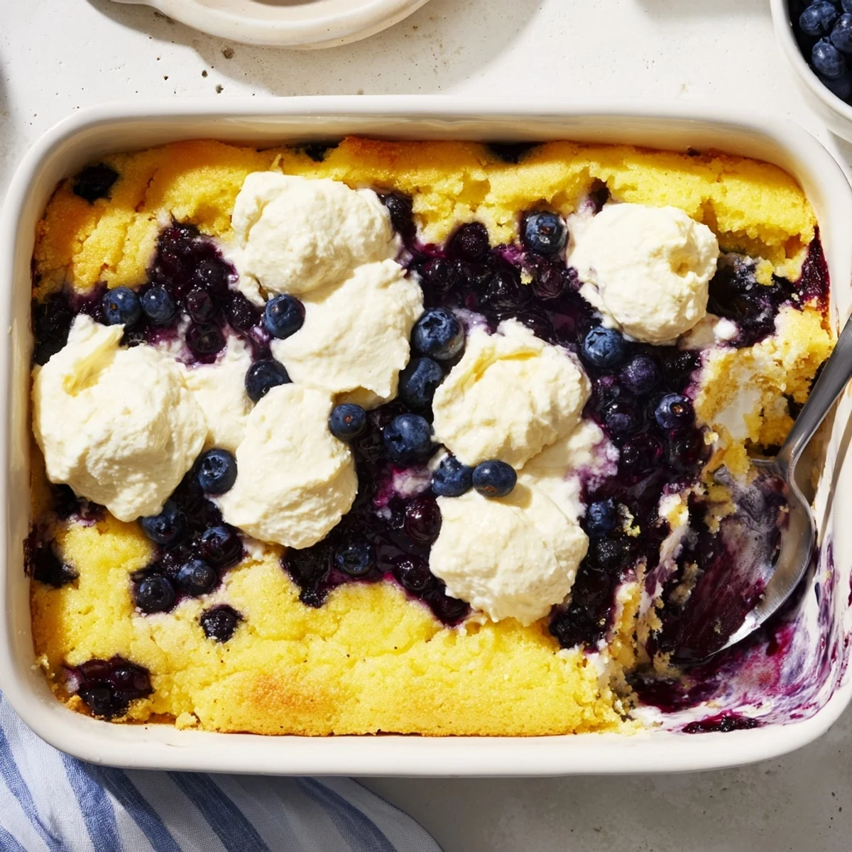 Golden lemon blueberry cheesecake dump cake with bubbling fruit filling and buttery crumbled topping