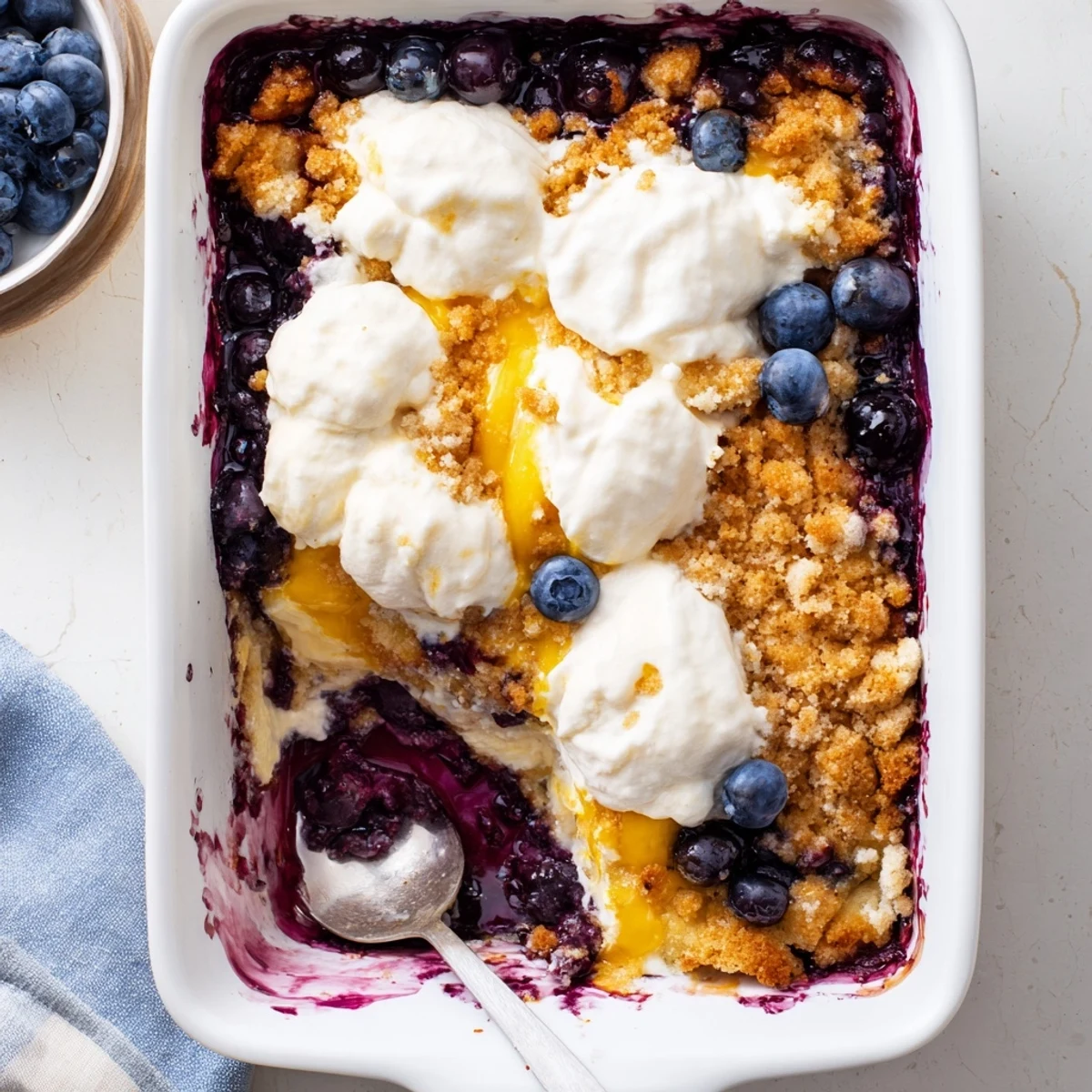 Warm lemon blueberry cheesecake dump cake served with vanilla ice cream and fresh berries