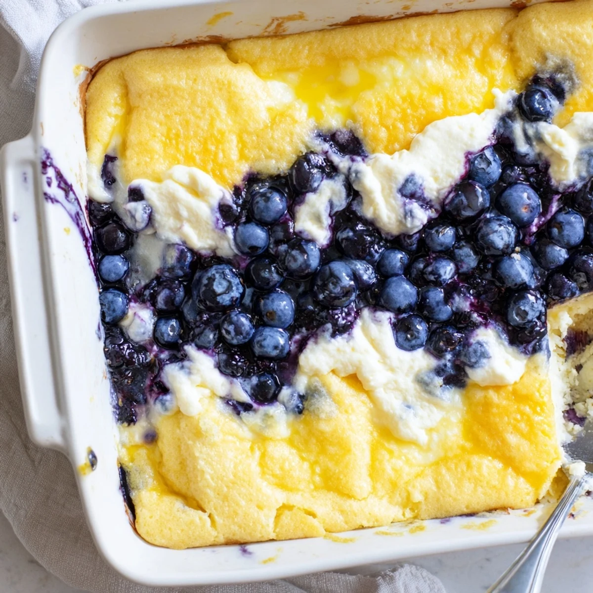 Rustic baked lemon blueberry cheesecake dump cake spooned onto a white dessert plate