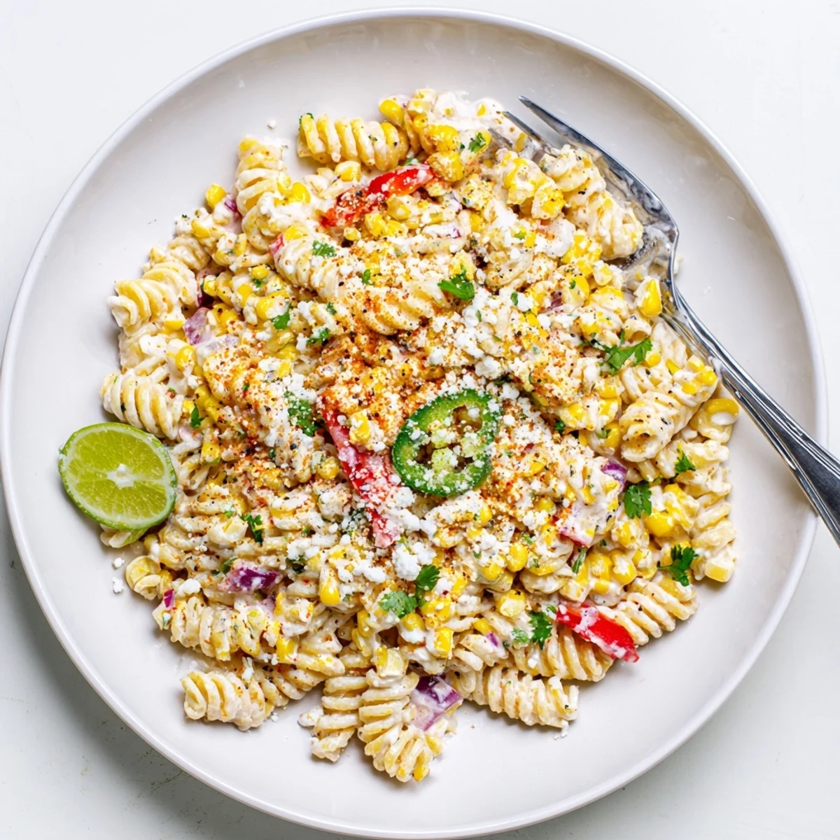 Colorful bowl of street corn pasta salad featuring charred sweet corn kernels and creamy cotija dressing