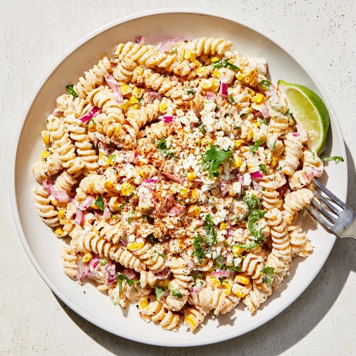 Heaping serving platter of juicy street corn pasta salad tossed with red bell pepper and spicy jalapeño