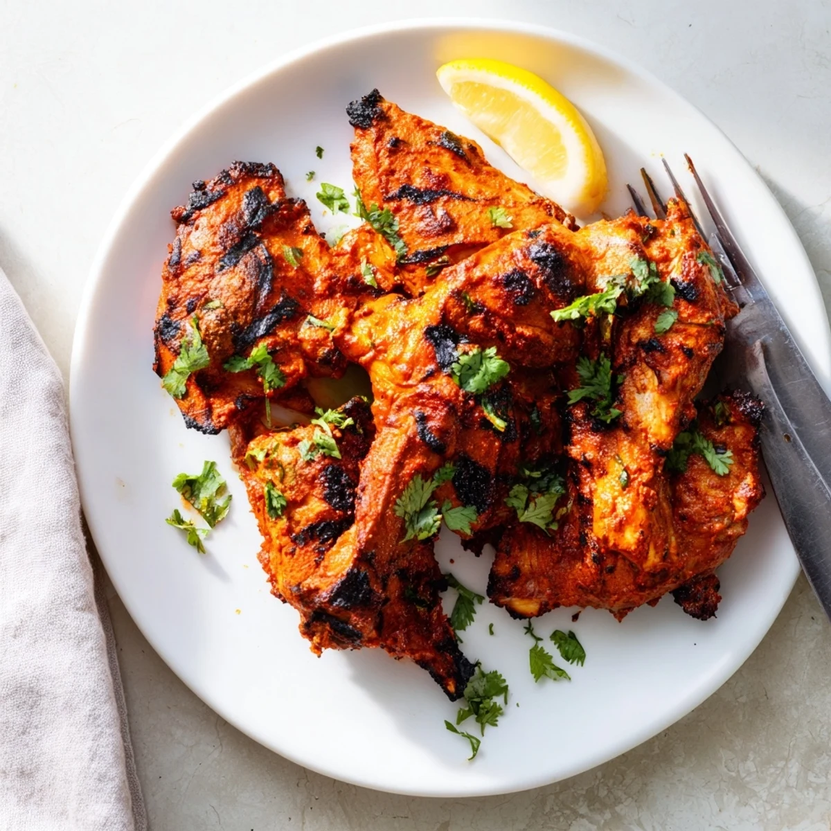 Golden grilled tandoori chicken pieces with charred edges and vibrant red spice coating
