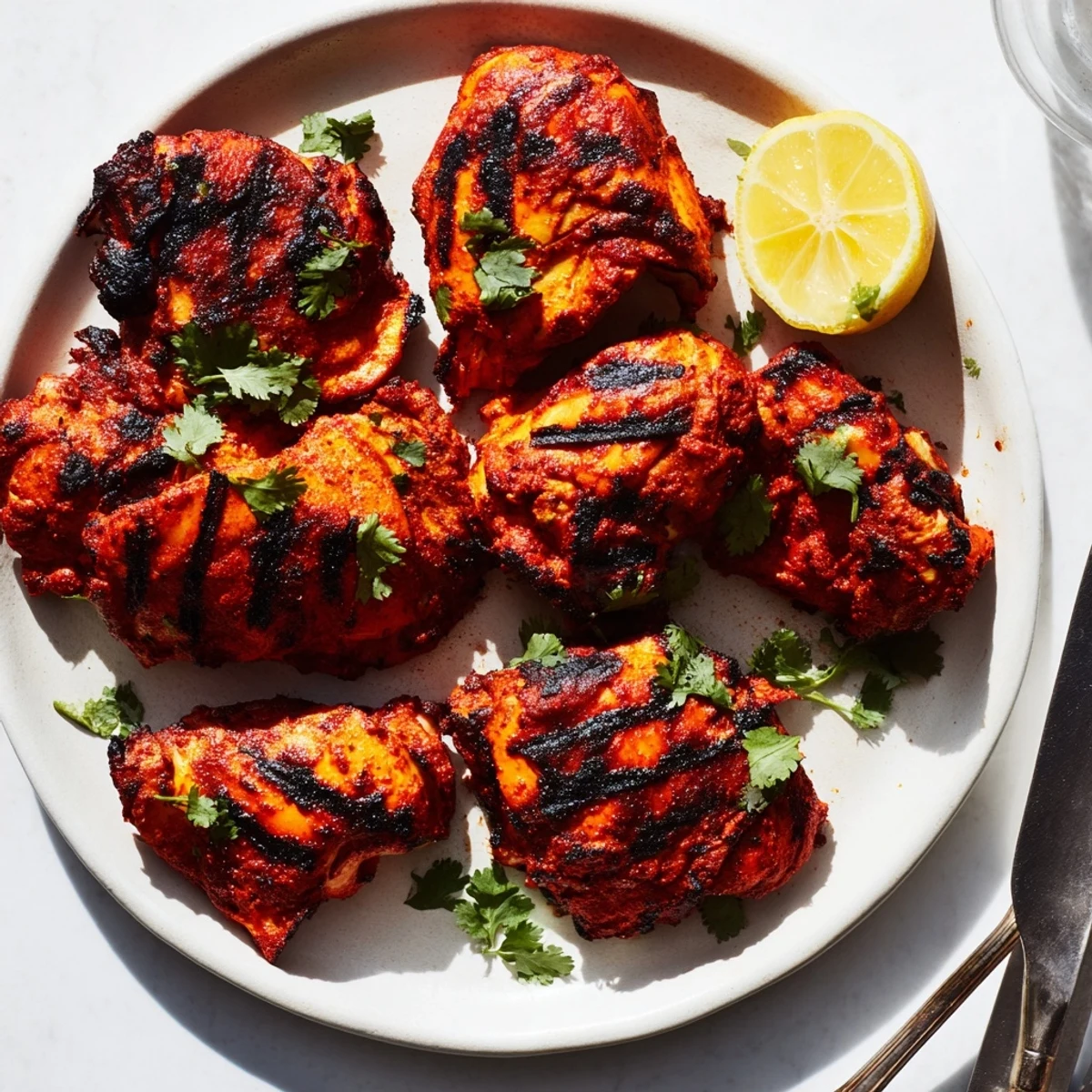 Juicy yogurt-marinated tandoori chicken thighs featuring beautiful grill marks and aromatic Indian spices