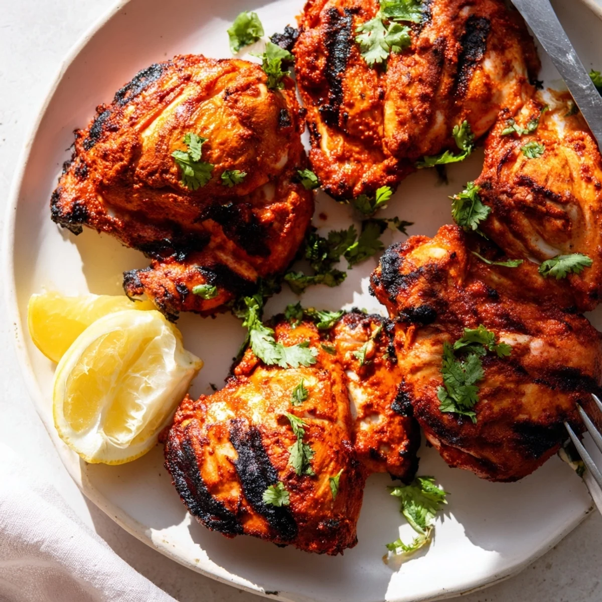 Smoky tandoori chicken resting on a plate garnished with fresh cilantro and lemon wedges