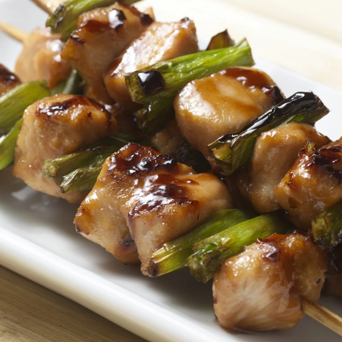 Charred chicken yakitori threaded with scallions and brushed with homemade soy glaze